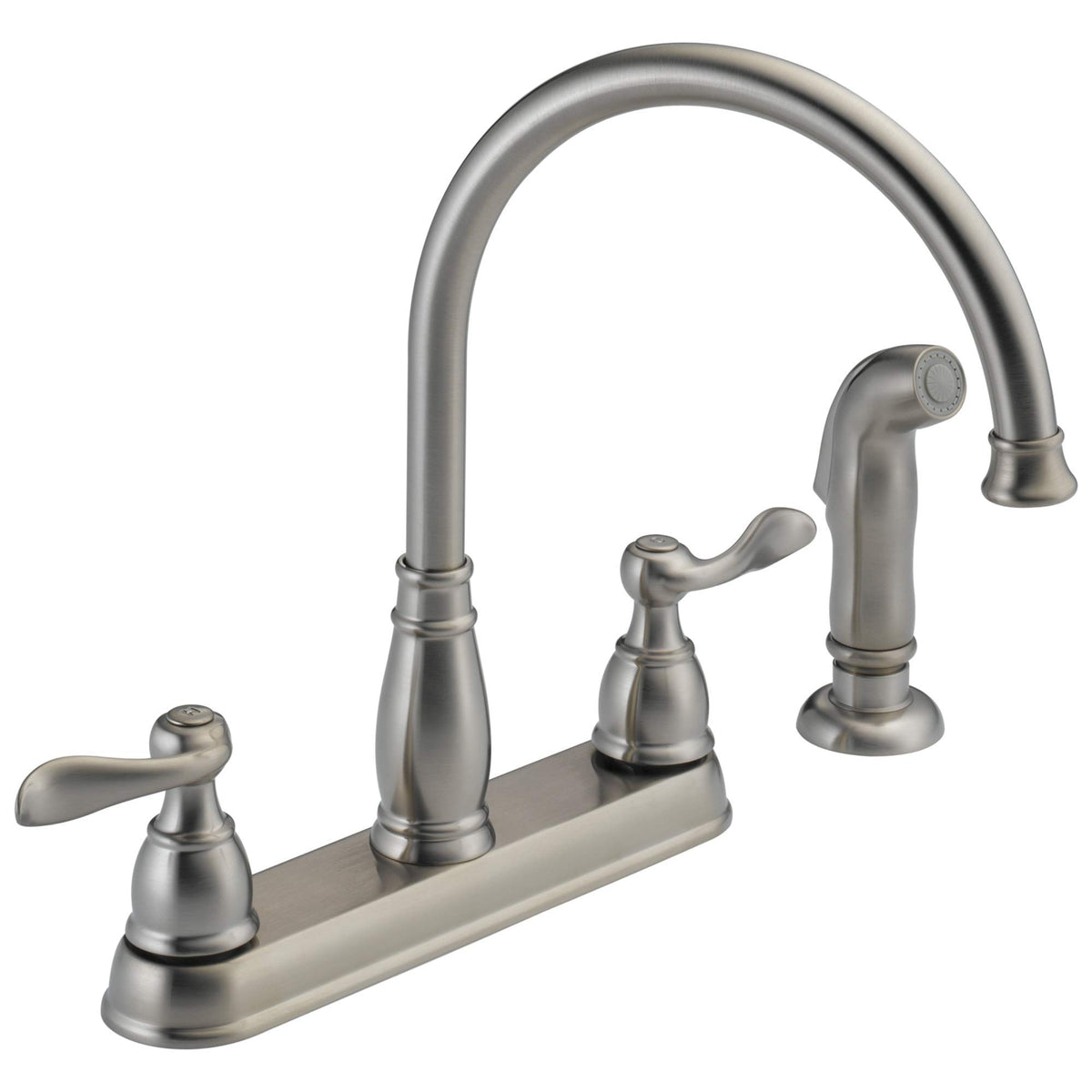 Delta Windemere brushed nickel kitchen faucet shown with side sprayer for versatile cleaning tasks