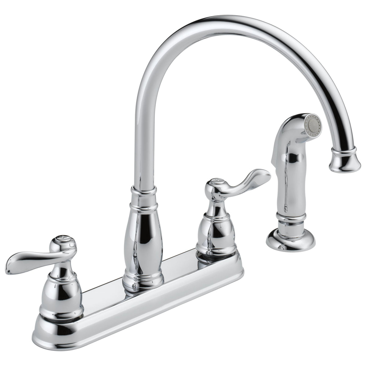 Delta Windemere chrome faucet front view highlighting durable Brilliance finish