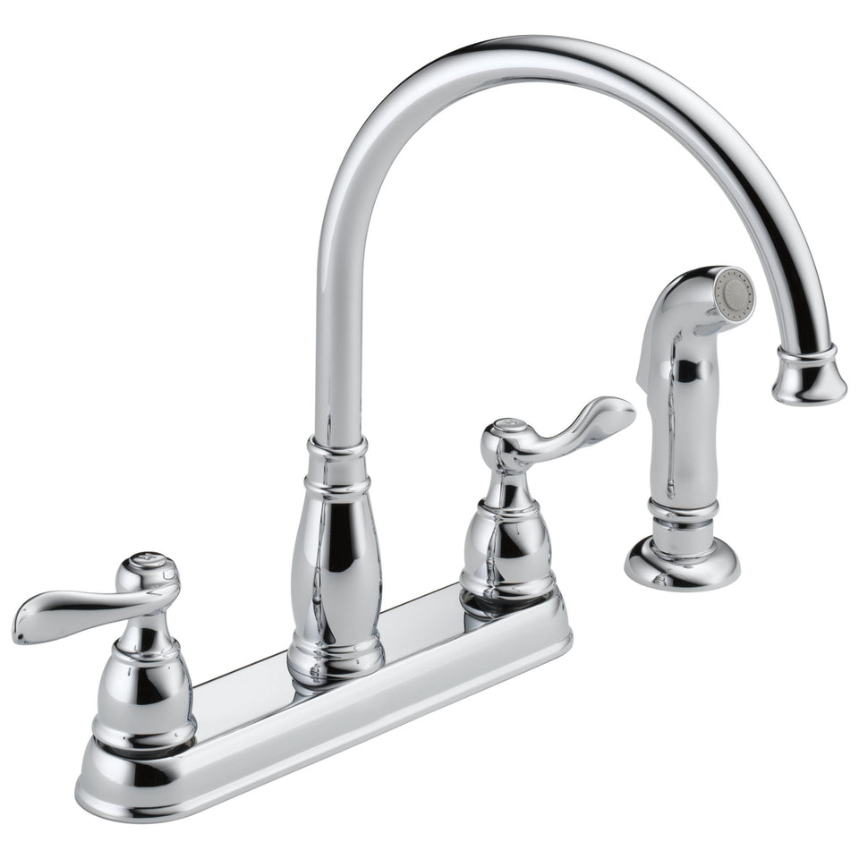 Delta Windemere chrome faucet front view highlighting durable Brilliance finish