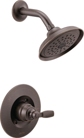 Delta Woodhurst 14 Series shower faucet set with Venetian Bronze finish for timeless bathroom elegance.