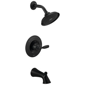 Delta Woodhurst 14 Series matte black trim kit for a contemporary bath remodel.