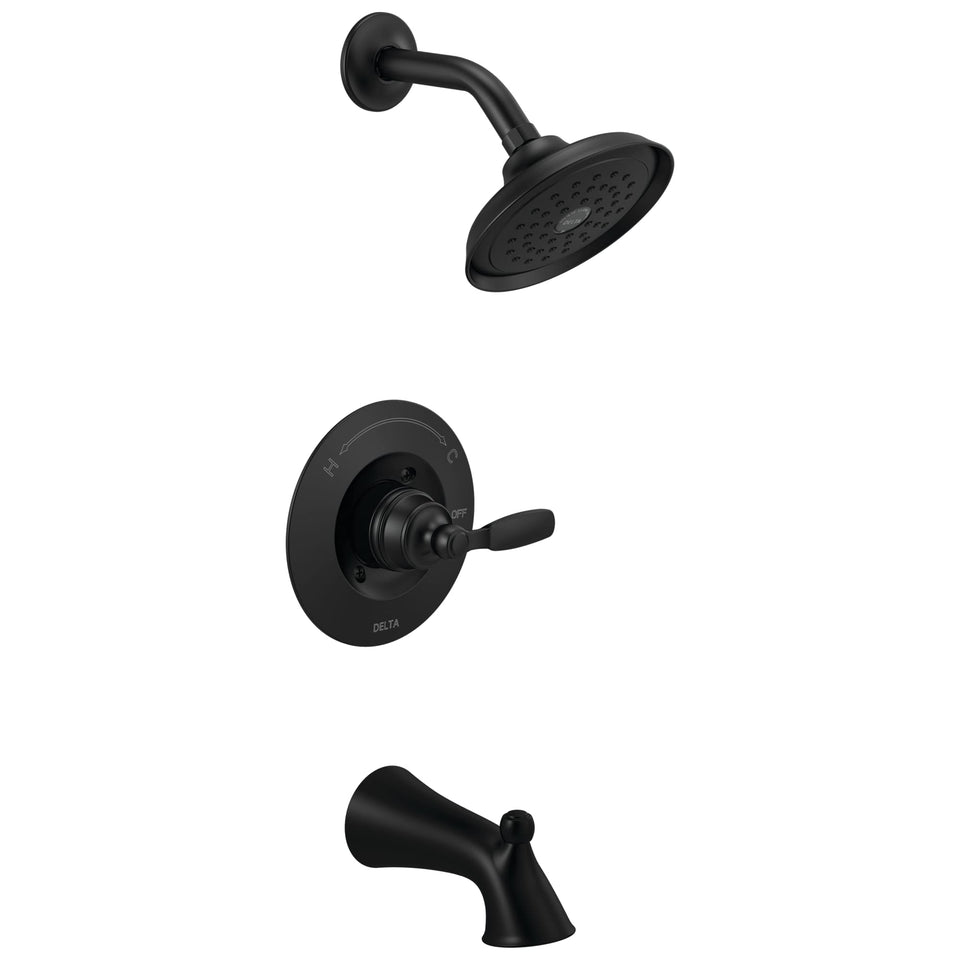 Delta Woodhurst 14 Series matte black trim kit for a contemporary bath remodel.