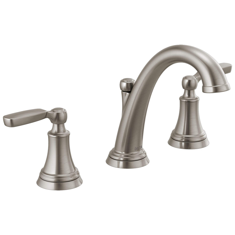 Delta Woodhurst brushed nickel faucet close-up showing premium finish