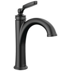 Delta Woodhurst matte black faucet front view shows a modern bathroom upgrade