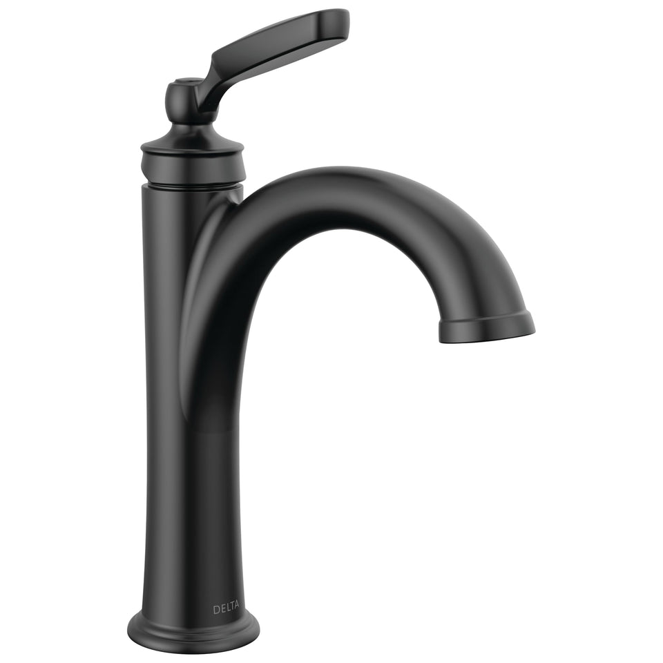 Delta Woodhurst matte black faucet front view shows a modern bathroom upgrade