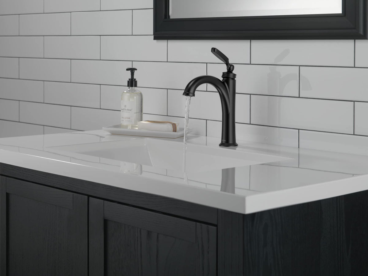 Delta Woodhurst matte black faucet side profile highlights clean lines