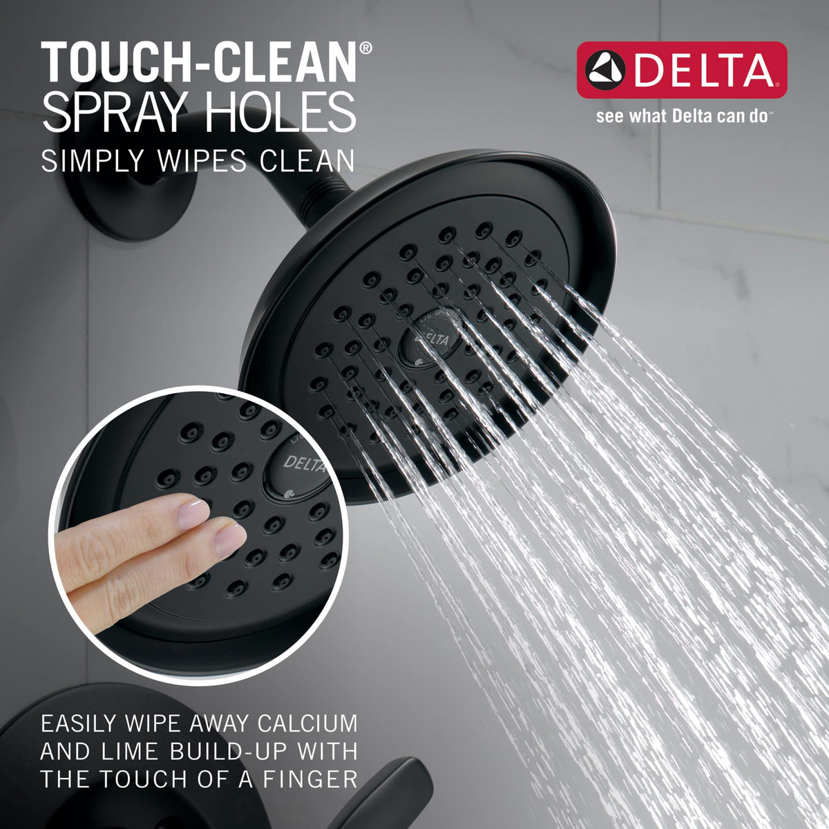 Delta Woodhurst matte black finish close-up highlighting corrosion-resistant coating.