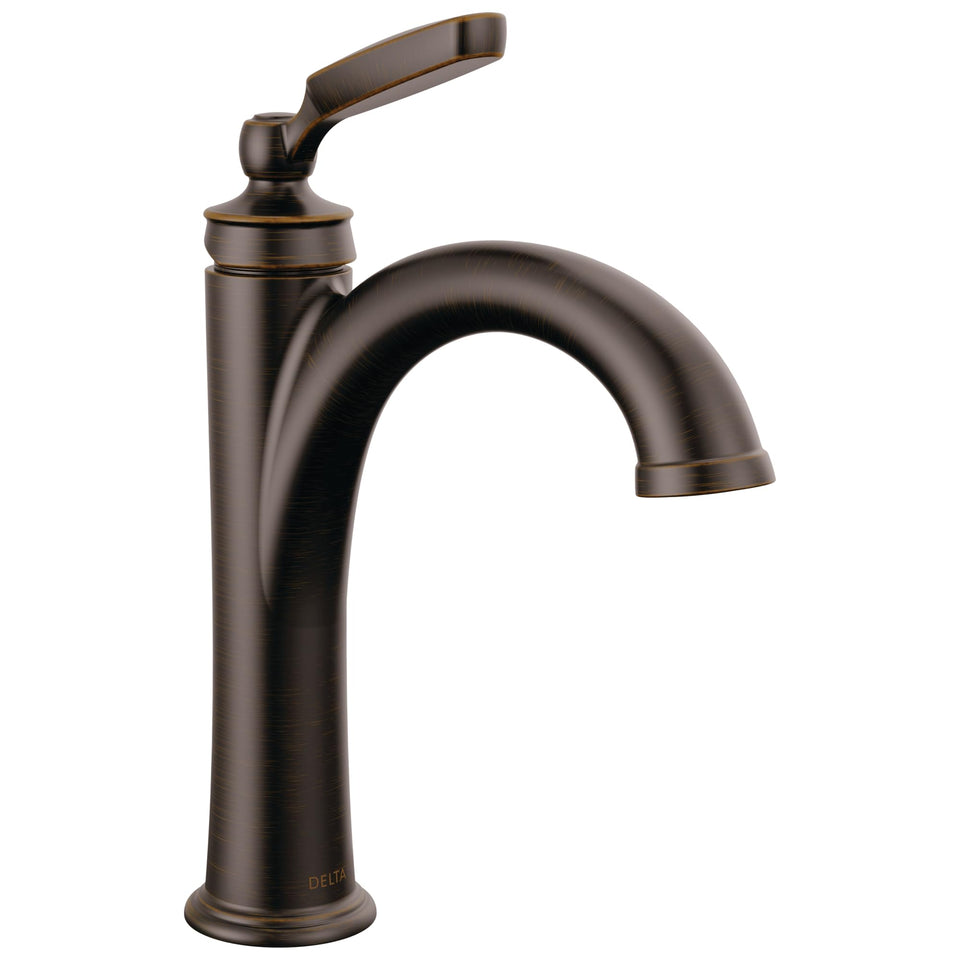 Delta Woodhurst faucet in oil-rubbed bronze enhances bathroom aesthetics