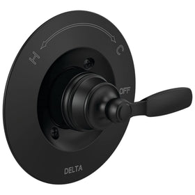 Delta Woodhurst matte black shower trim with sleek handle for modern bathrooms