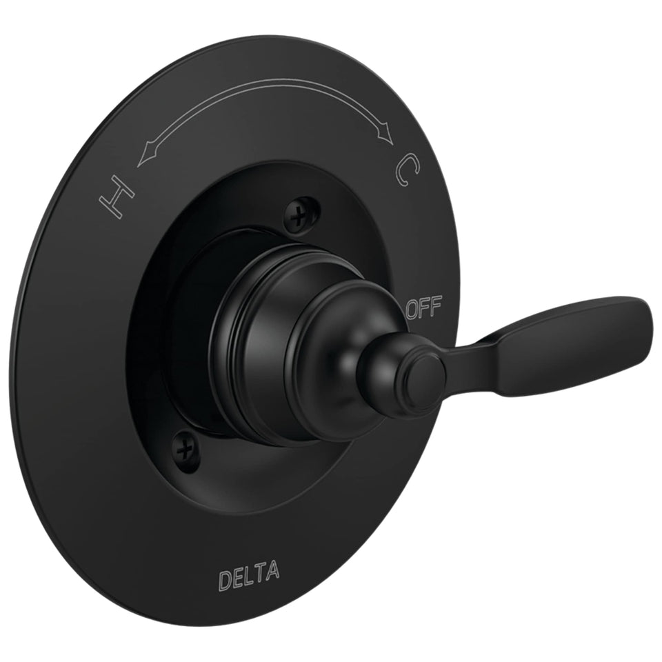 Delta Woodhurst matte black shower trim with sleek handle for modern bathrooms