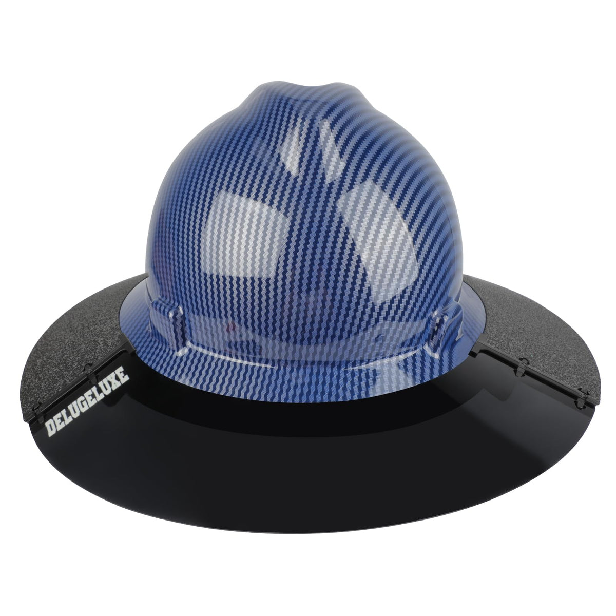 DelugeLuxe 3-panel visor full-brim on a hard hat provides wide sun protection and airflow.