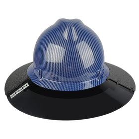 DelugeLuxe 3-panel visor full-brim on a hard hat provides wide sun protection and airflow.
