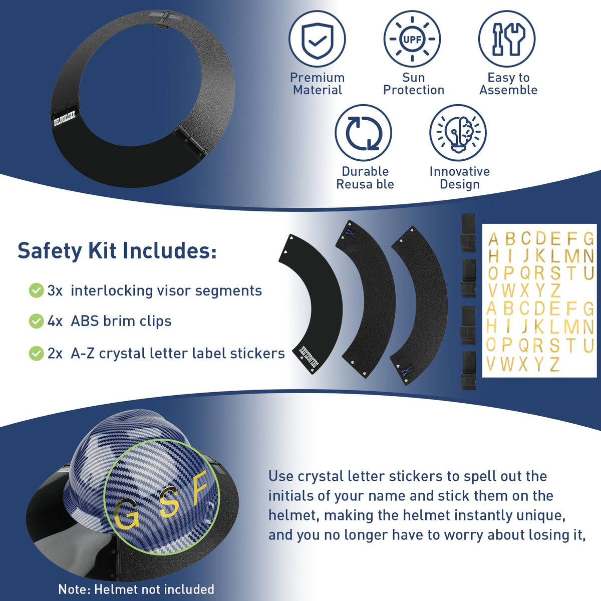 DelugeLuxe A-Z crystal stickers personalize helmets for quick identification.