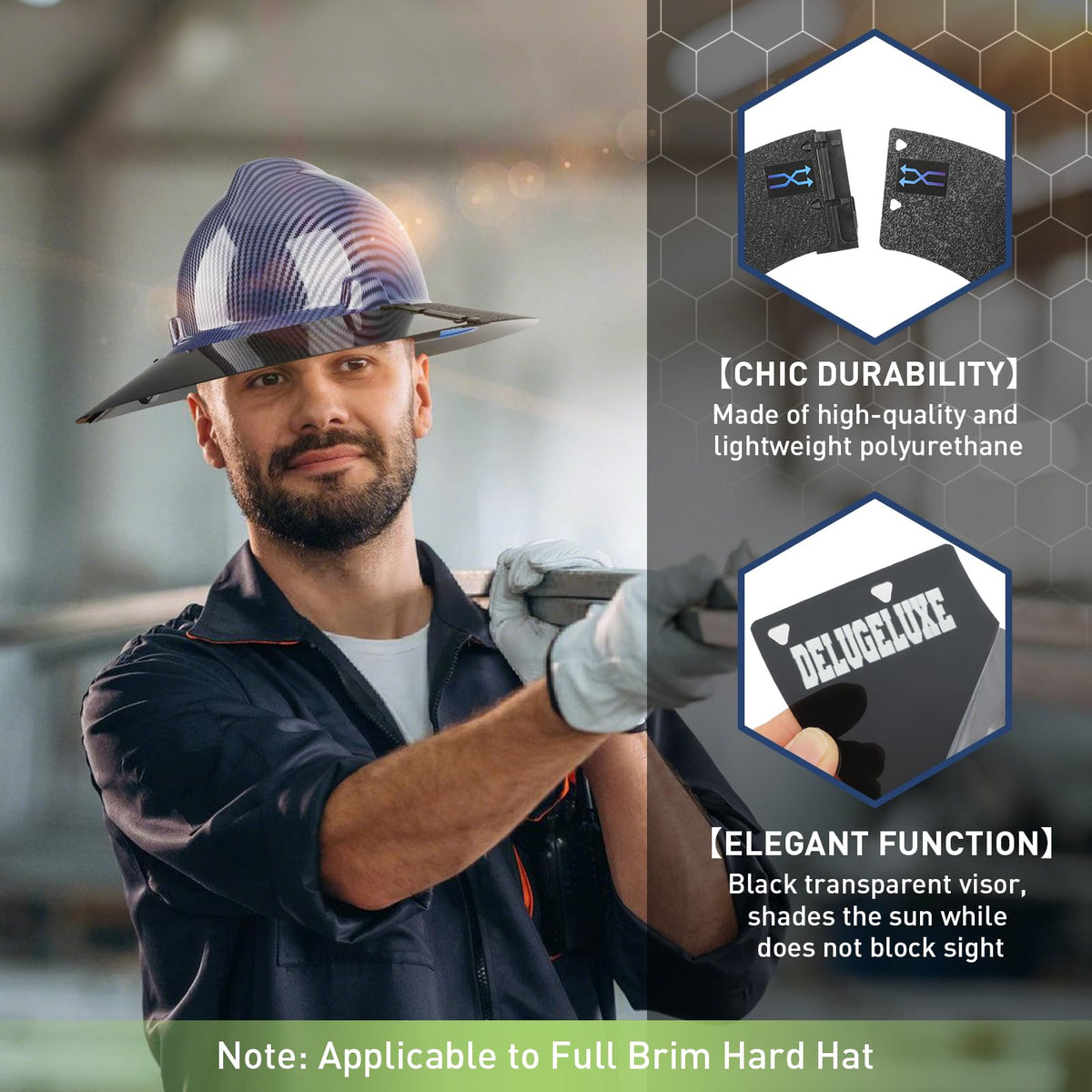 DelugeLuxe heavy-duty clips secure the visor quickly on various hard hats.