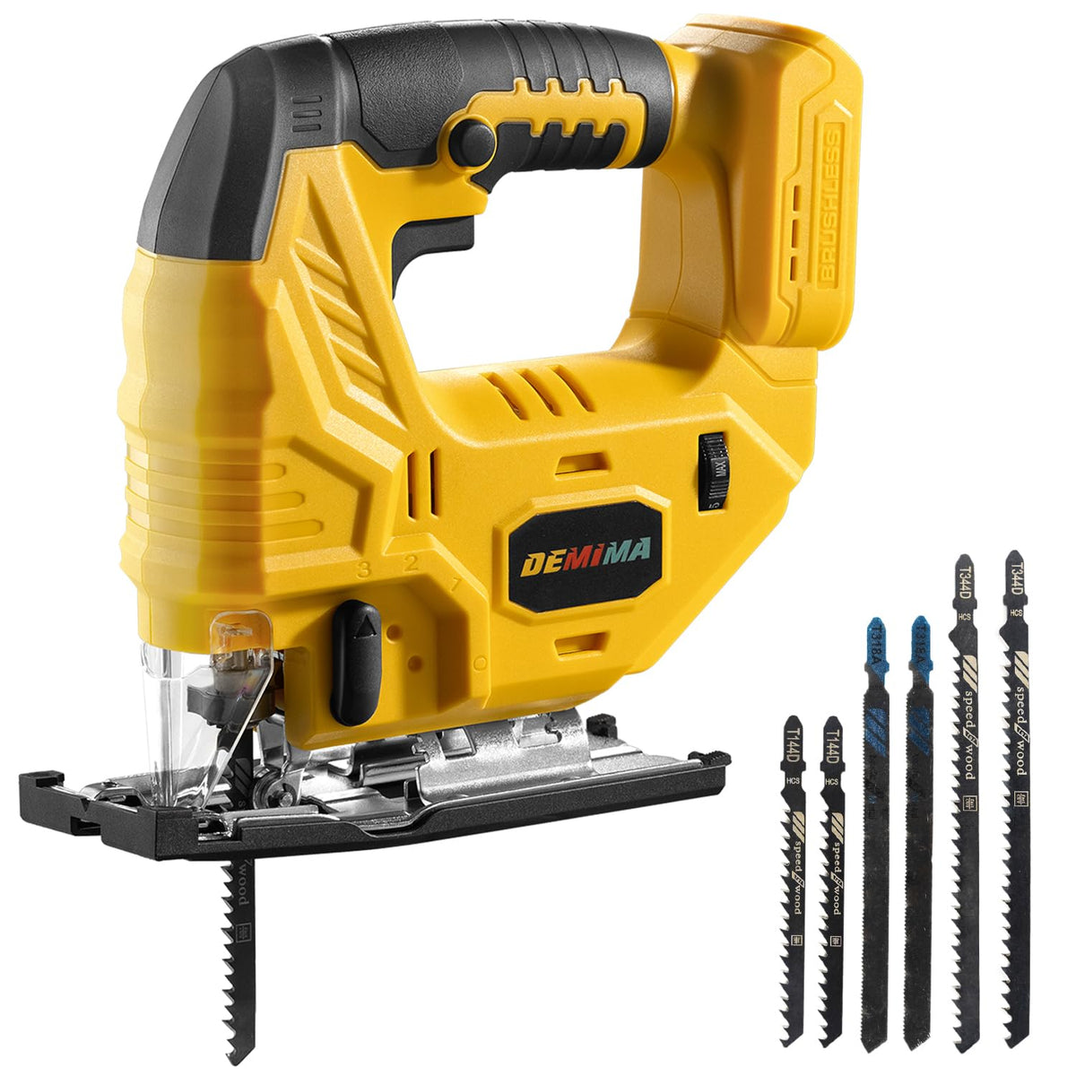 DEMIMA cordless jig-saw connected to DeWalt 20V battery enabling versatile straight, curved, and bevel cuts