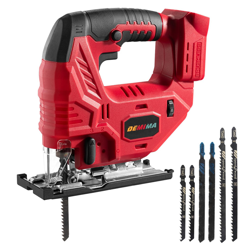 DEMIMA cordless jig saw showing Milwaukee battery compatibility for flexible on-site power