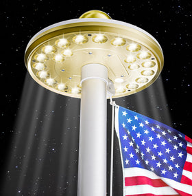 Deneve Deluxe Solar Flagpole Lamp installation showing a well-lit flag at night.