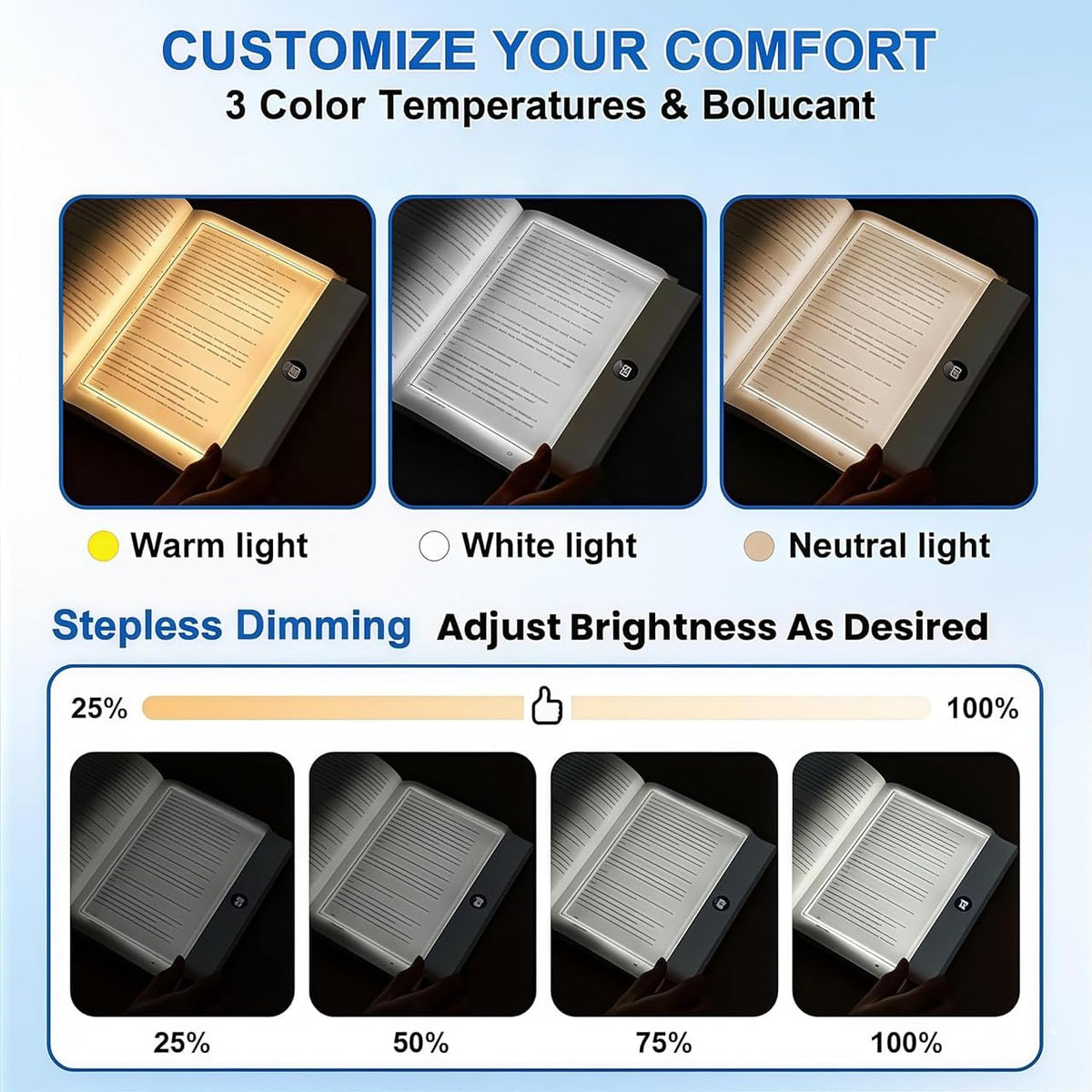 DENEZE pink smart LED reading light with stepless dimming for precise brightness.