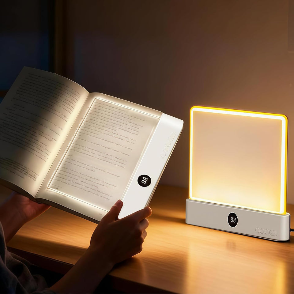 DENEZE White Smart LED Reading Light angled view, ideal for nighttime reading with color modes