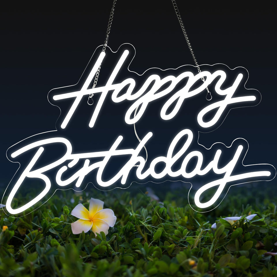 Dengduoduo Happy Birthday neon sign mounted on wall for festive backdrop lighting.