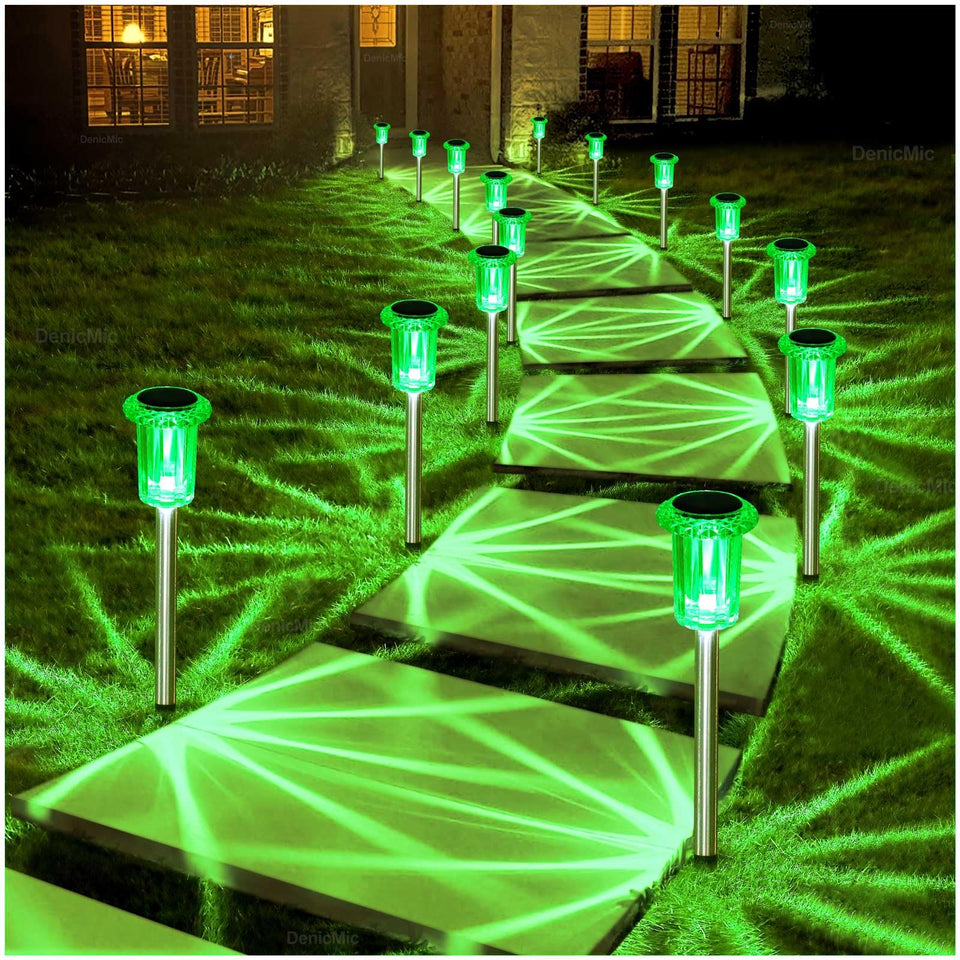 DenicMic solar lights outdoor 10-pack with green LED stake enhances pathway visibility.