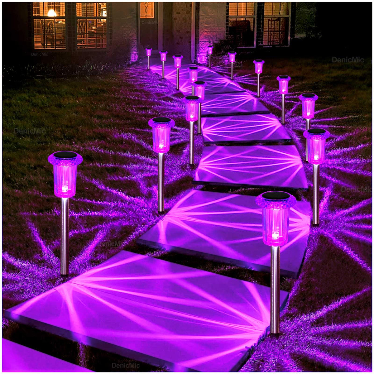 DenicMic outdoor solar lights 10-pack illuminating a garden path with a purple glow