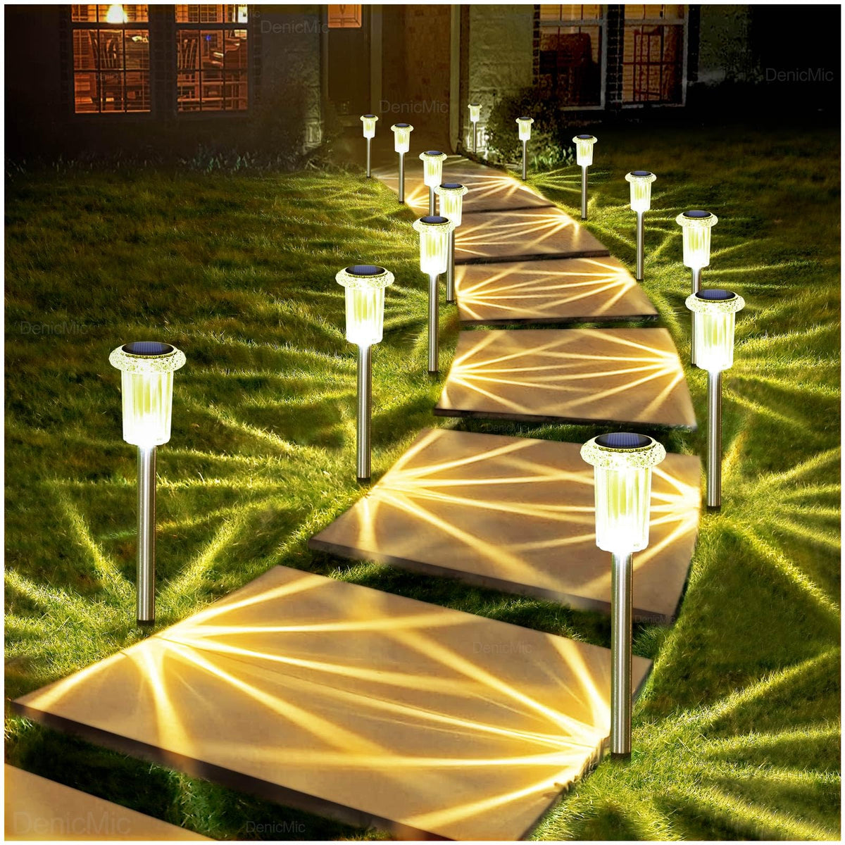 DenicMic solar stake light illuminates lawn edges for safe night navigation.