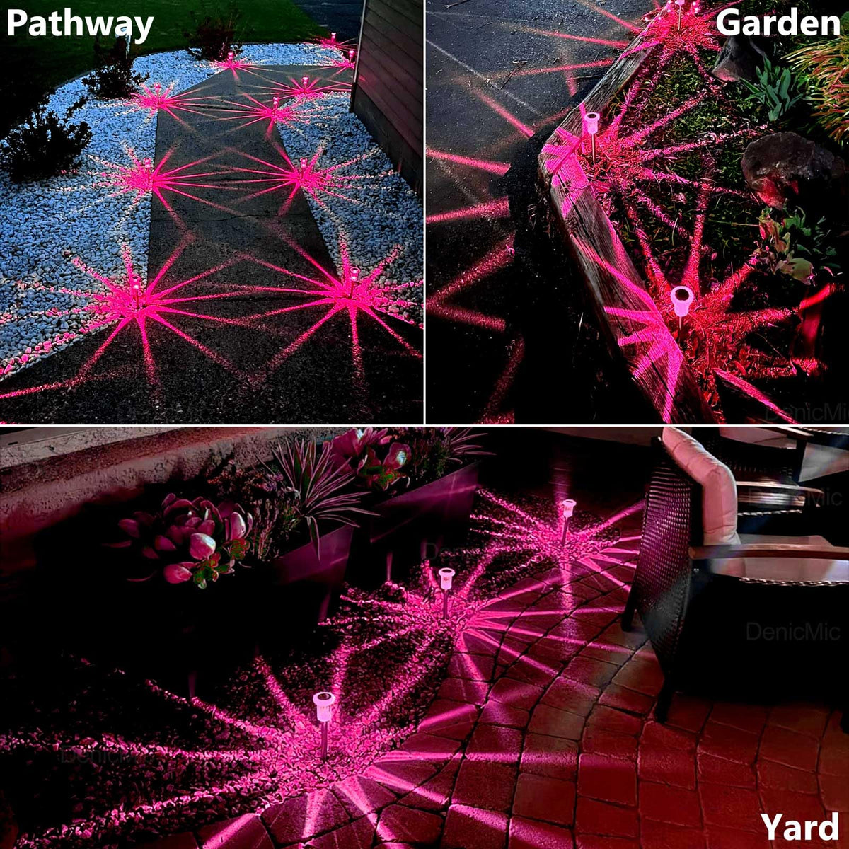 DenicMic yard stake casts gentle pink light across drive and lawn