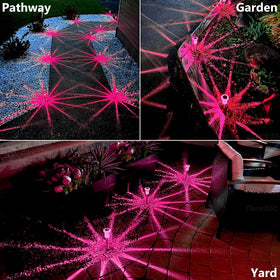 DenicMic yard stake casts gentle pink light across drive and lawn