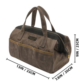 Denifiter tool bag waxed canvas closeup highlights durable, stain-resistant fabric.