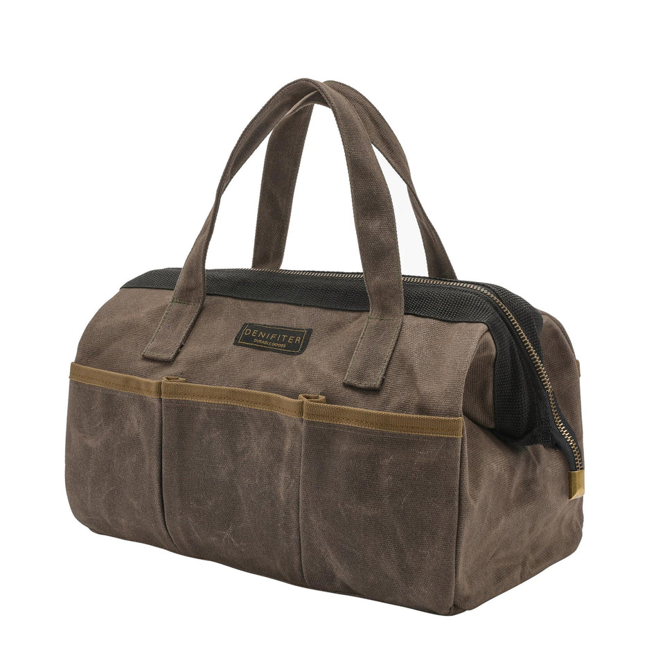 Denifiter tool bag with wide mouth for quick tool access and organization.
