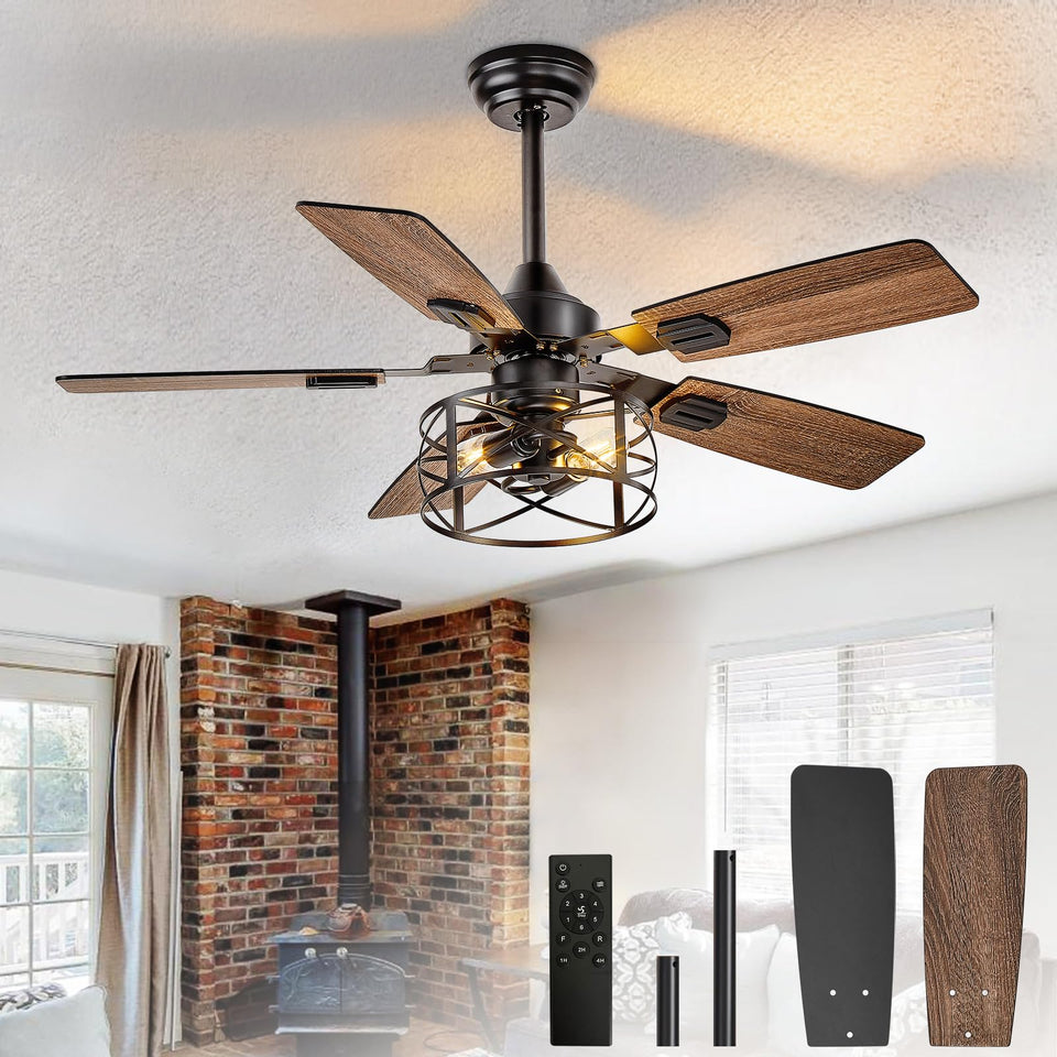 Depuley 42-Inch ceiling fan with caged lights enhances living spaces with vintage-modern vibe.