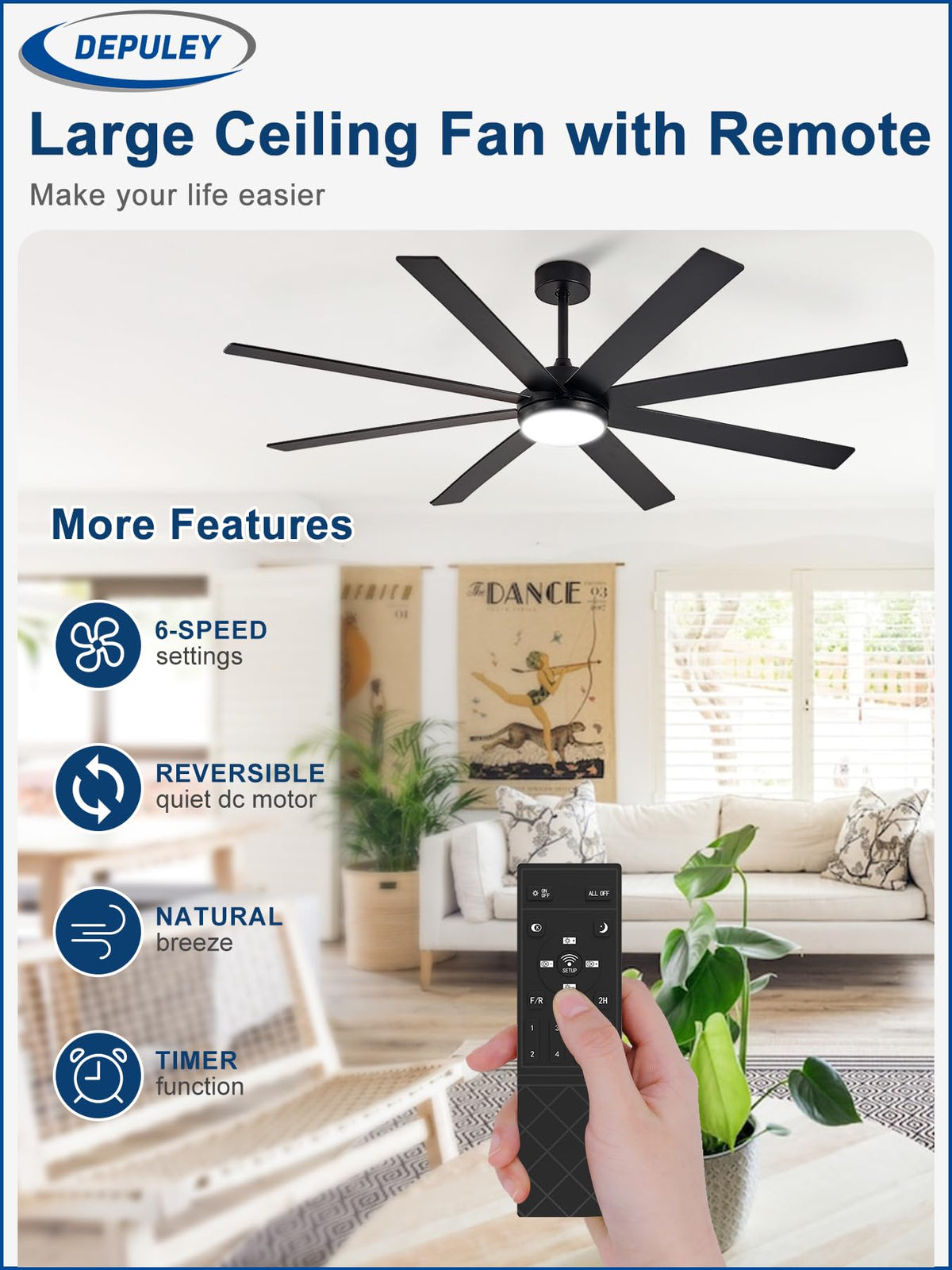 Depuley dark finish blades with wood grain reversibility enhances style and comfort.