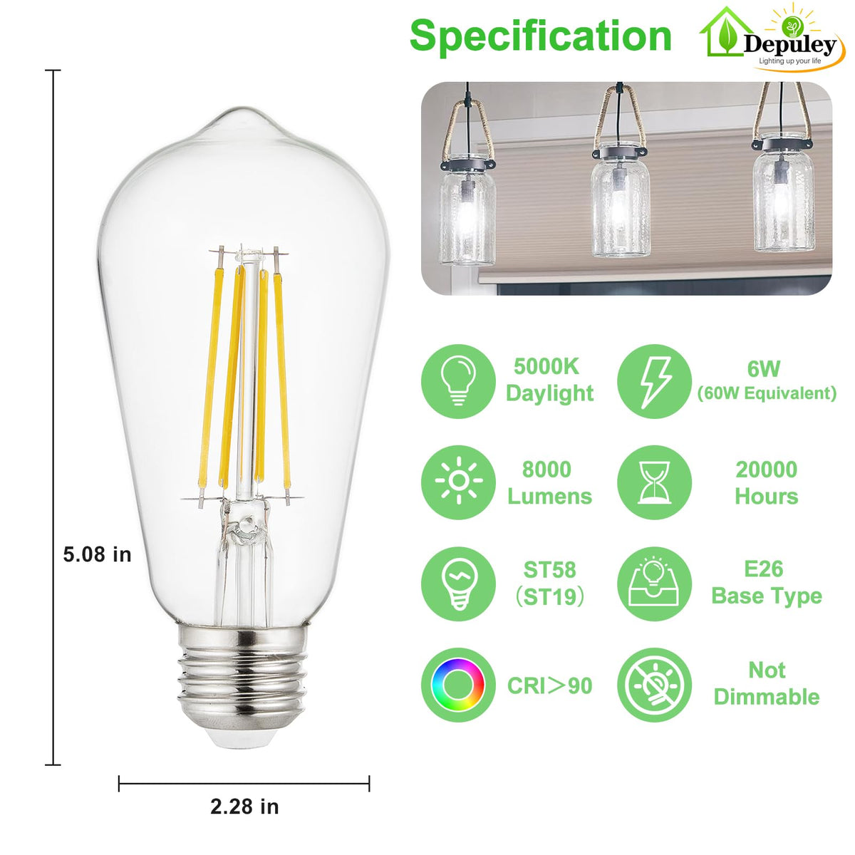Depuley 5000K daylight LED with 360° beam for uniform task lighting.