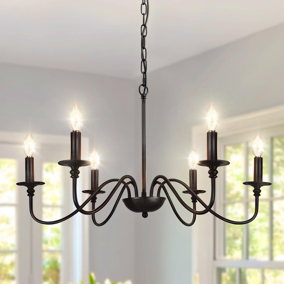 Depuley six-arm black farmhouse chandelier over rustic dining area.