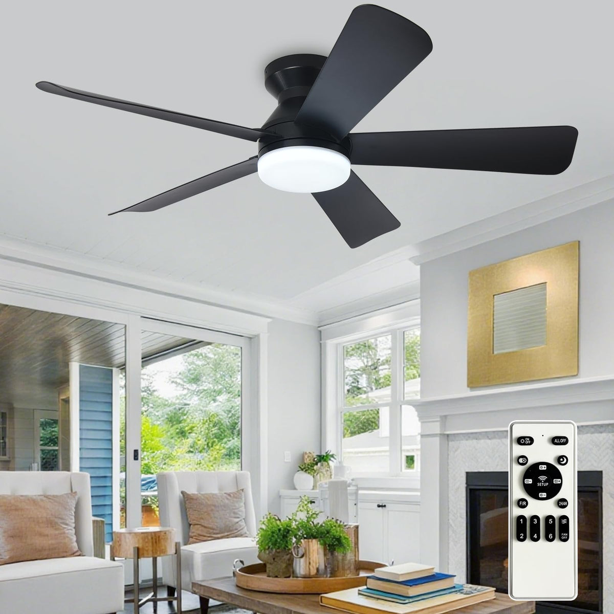Depuley 42-inch black ceiling fan front view enhances living room comfort and style.