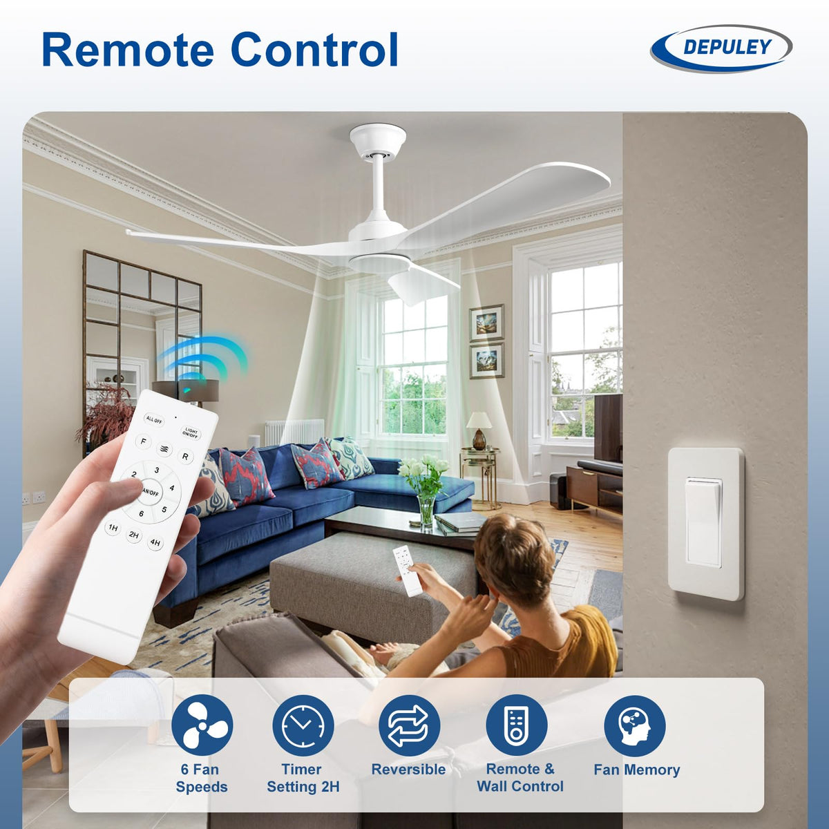 Depuley quiet DC motor ceiling fan with remote control for easy speed adjustments.