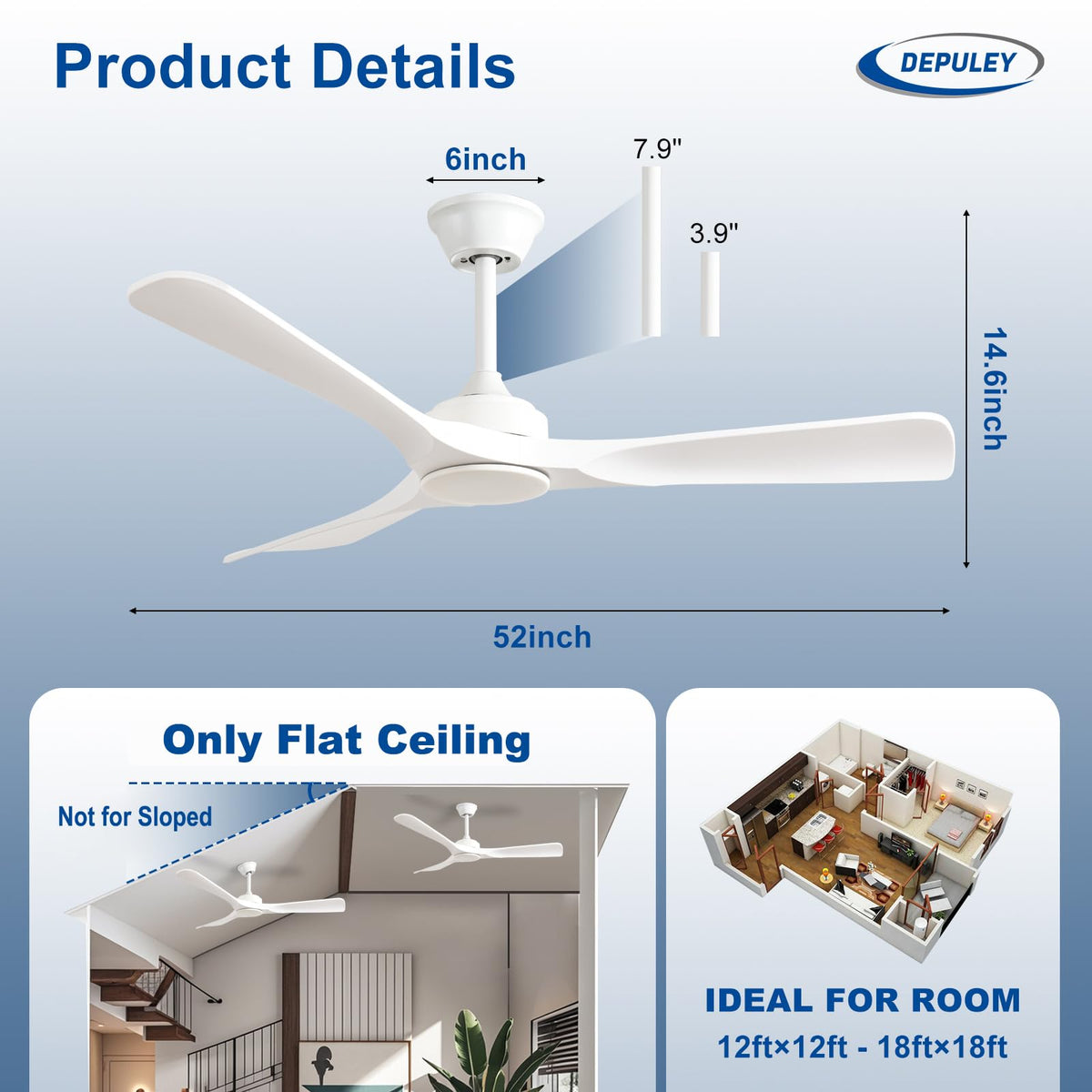 Depuley remote-control ceiling fan demonstrates six-speed operation for versatile comfort.