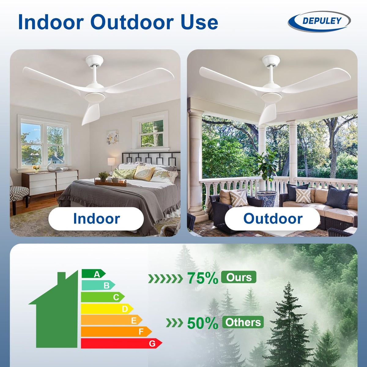 Depuley reversible ceiling fan ideal for year-round comfort in patios and living spaces.