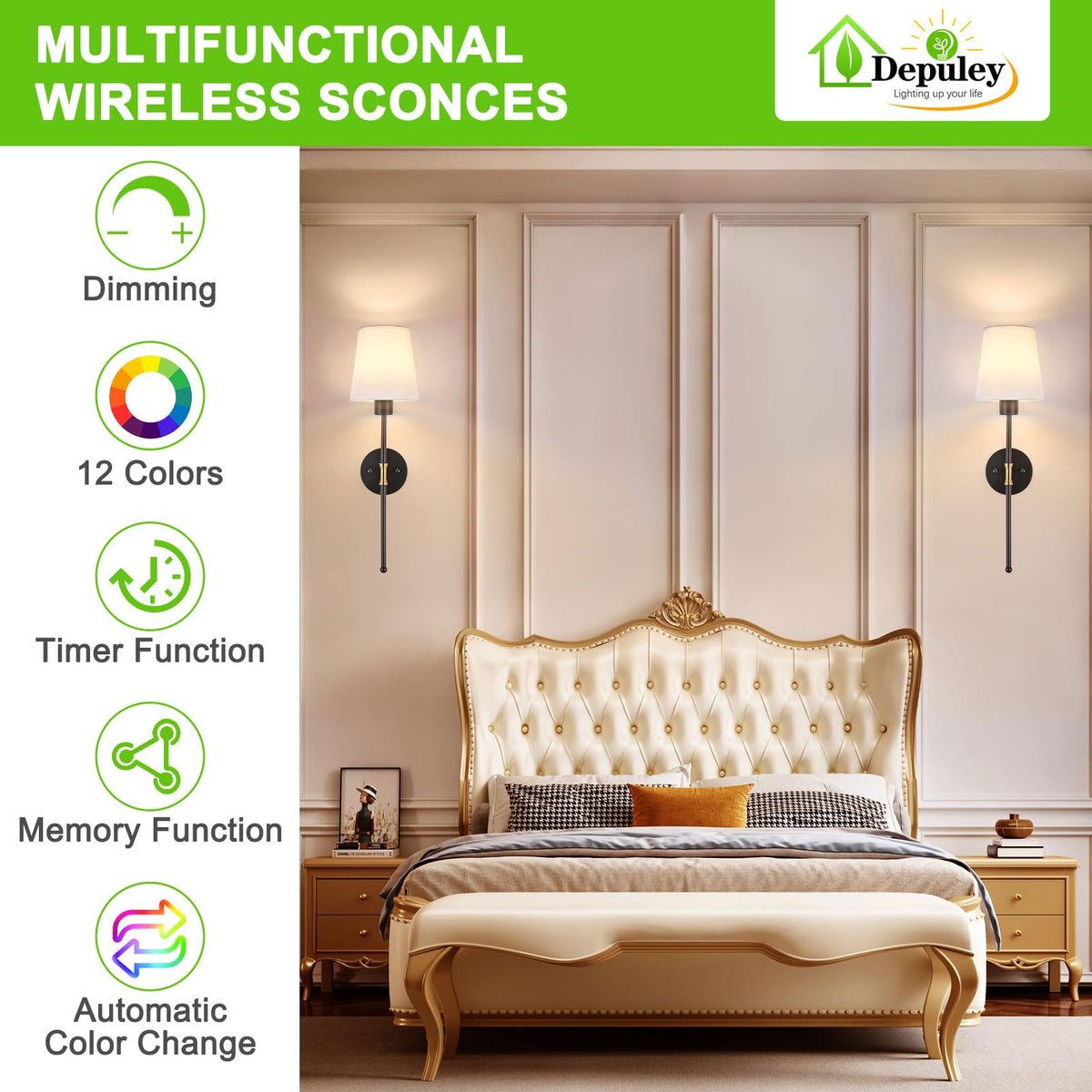 Depuley sconce offers 12 RGB colors for vibrant or subtle room accents.