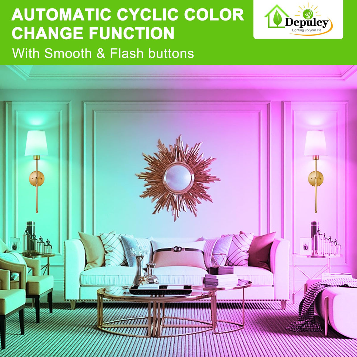 Depuley wall sconce supports 12 RGB colors for ambient scenes.