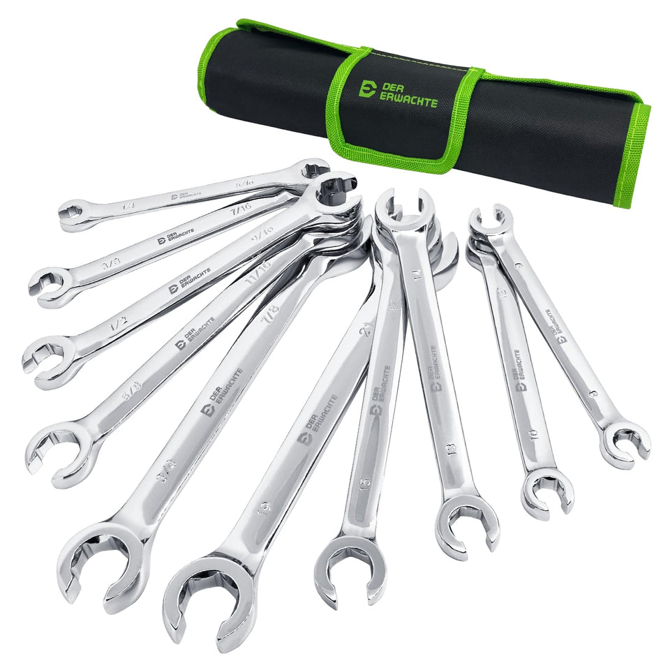 Der Erwachte flare-nut wrench set neatly stored in the roll-up pouch for quick on-site access.
