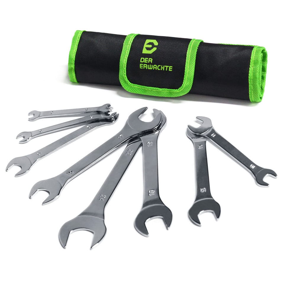 Der Erwachte super-thin open end wrench set with rolling pouch for portable organization.