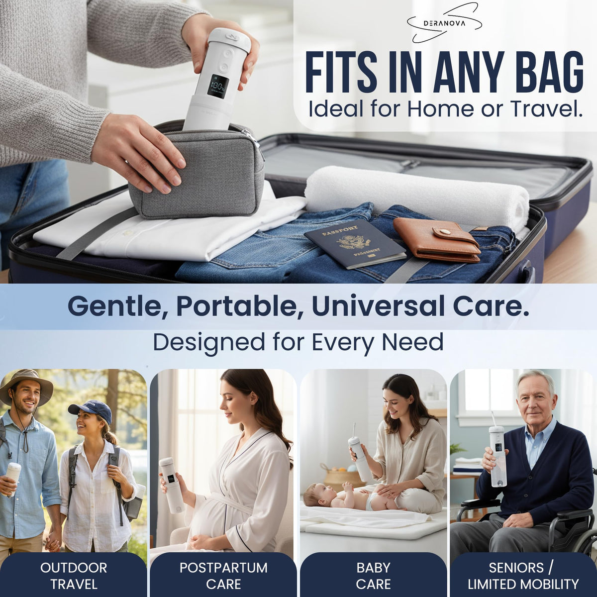 DeraNova compact, leakproof design fits in a purse for daily or travel use.