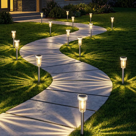 DERAYSION 12-pack solar pathway lights illuminate edges evenly, enhancing safety and curb appeal.