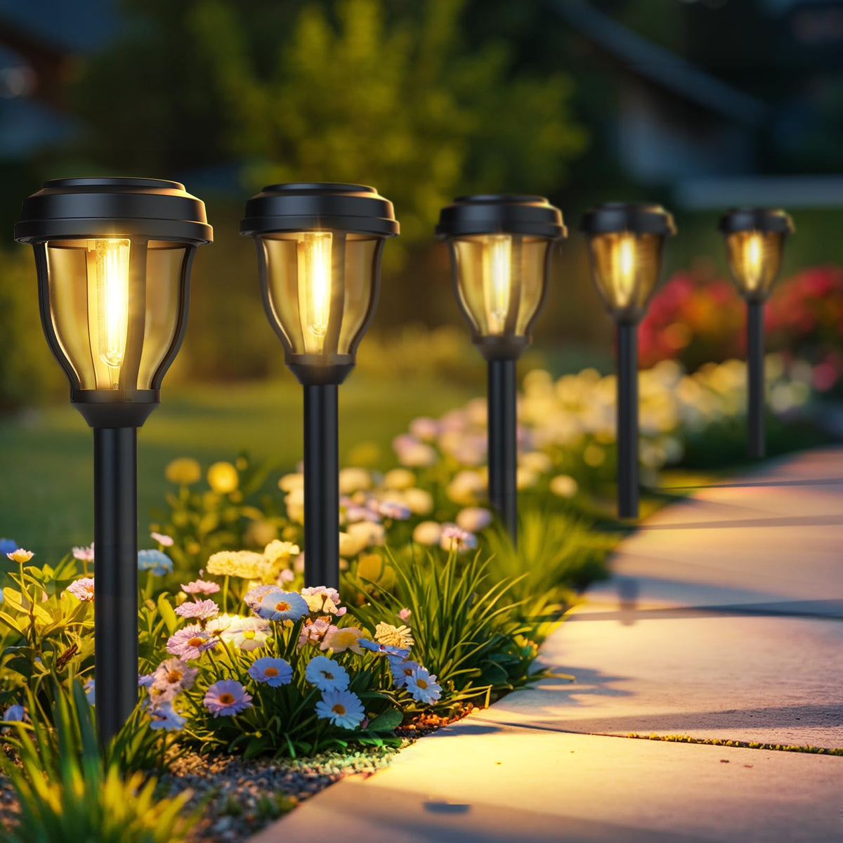 DERAYSION 6 pack solar lights illuminate walkways with warm white glow for safe nighttime paths.