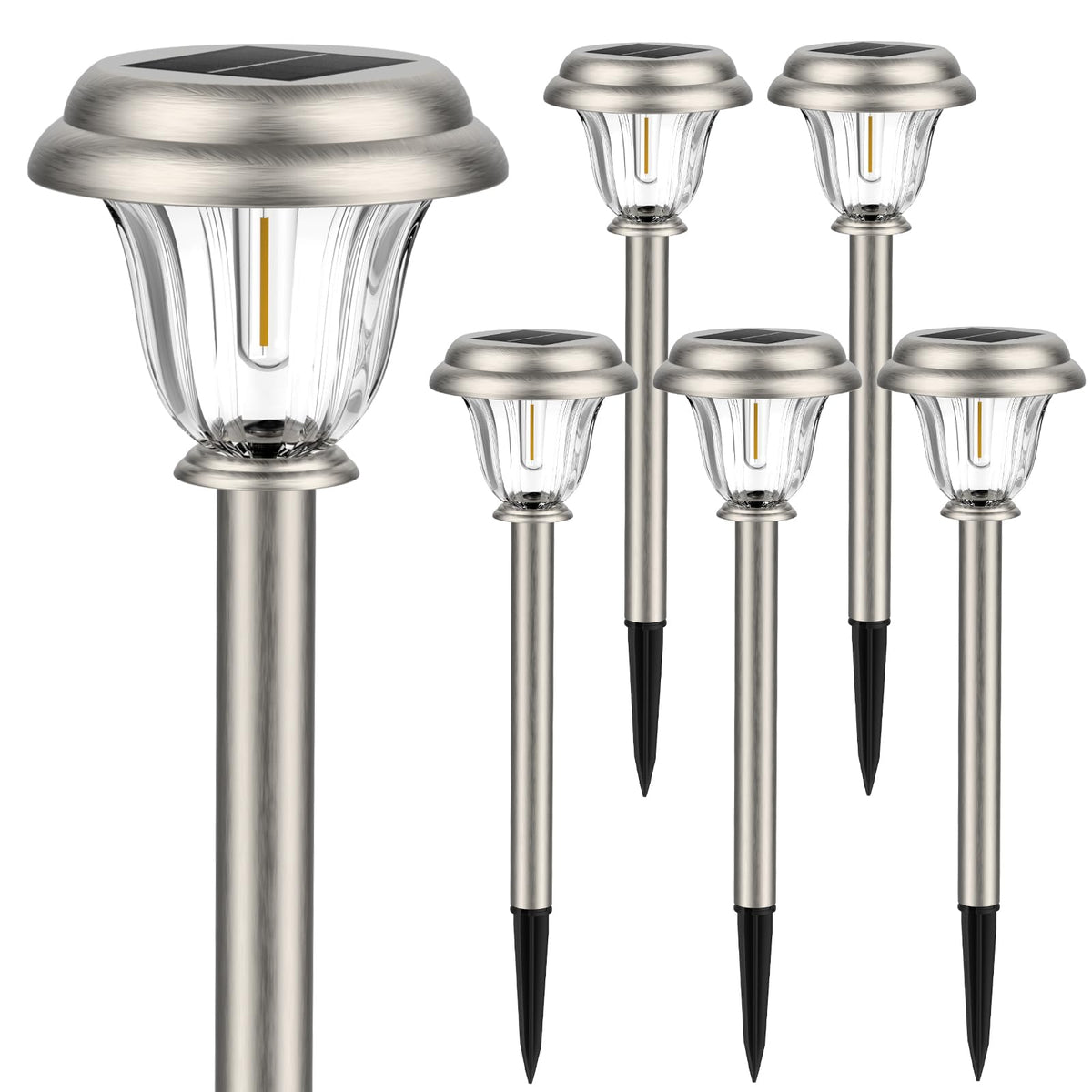 DERAYSION solar lights in brushed stainless steel housing illuminate outdoor pathways with durable weatherproof design.