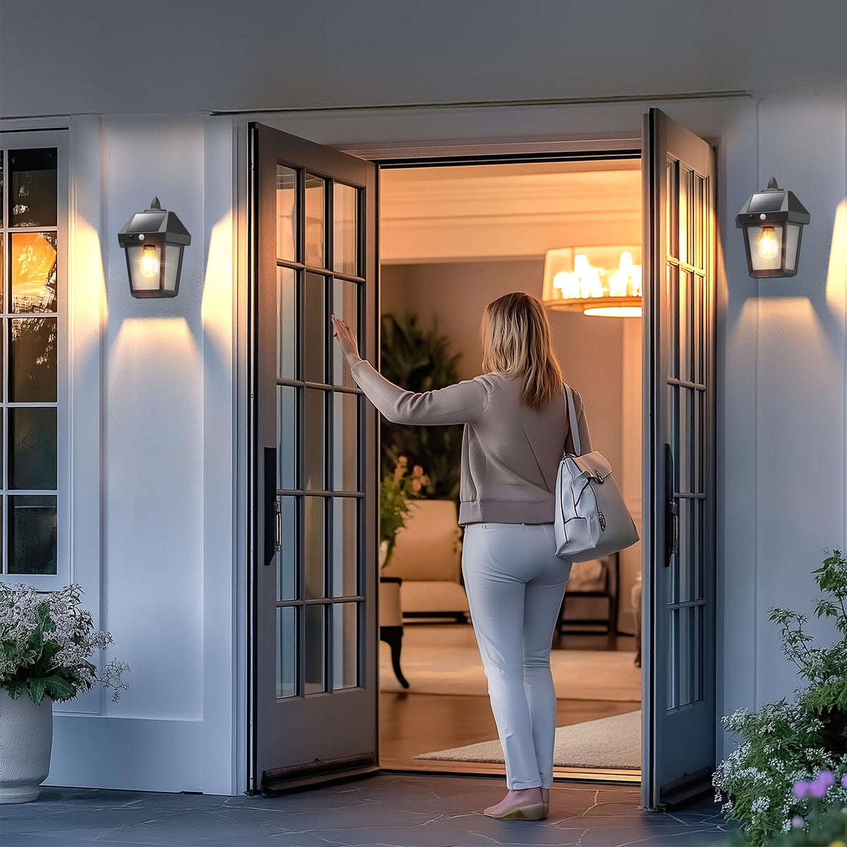 DERAYSION solar wall lantern with motion sensor for automatic outdoor lighting.