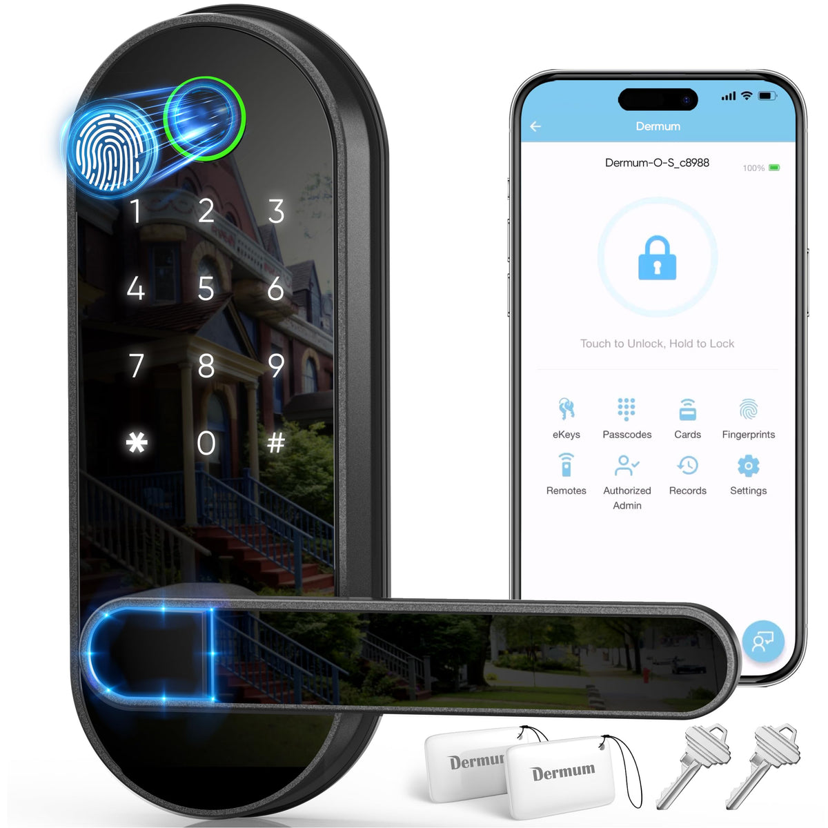 Dermum keyless entry fingerprint lock on a front door for secure, convenient access.
