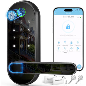 Dermum keyless entry fingerprint lock on a front door for secure, convenient access.